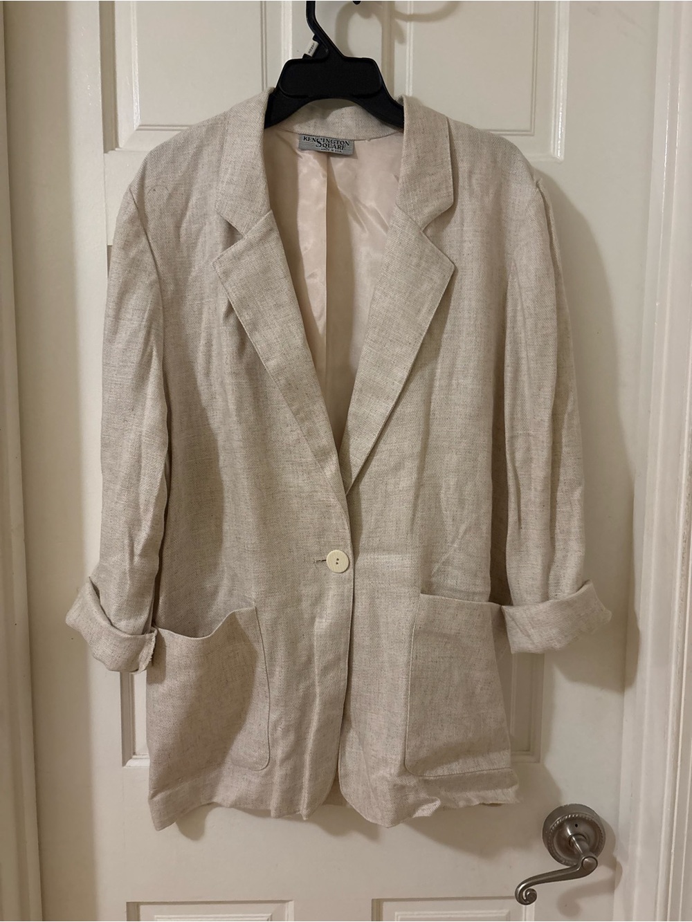 Oversized Natural/Cream Linen-Blend Single-Button Blazer